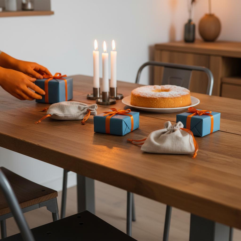 Detailaufnahme eines Esstisches mit Geschenken und Vanilletorte in warmer, industrieller Atmosphäre – geschenke für 90-jährige