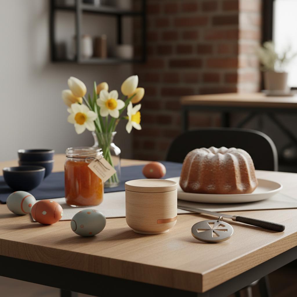 Stillleben auf Holztisch mit bemalten Eiern, Marmeladenglas, Metallanhänger, einfachem Kuchen und Frühlingsblumen — traditionelle Ostergeschenke im minimalistischen Steelmonks-Stil
