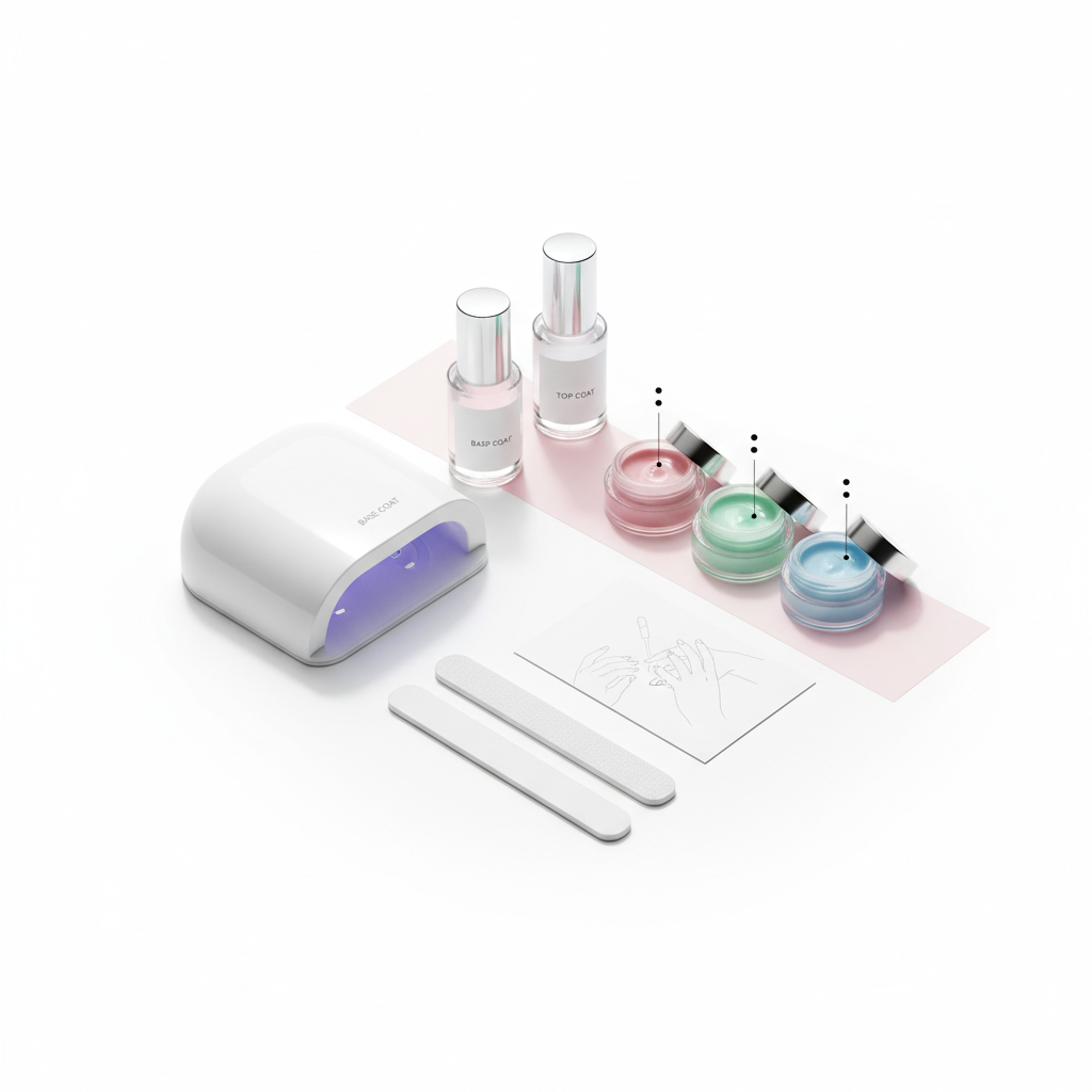Close-up des DIY Gel Nägel Starterkit: Lampe, Base- und Top-Flaschen, leicht geöffnete Farbgele, Feilen und neutrale Anleitungskarte auf weißem Hintergrund mit pastellrosa Akzent.