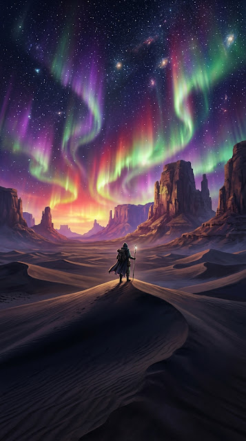 Fantasy Desert Landscape with Swirling Auroras and Wanderer - Free mobile Wallpaper