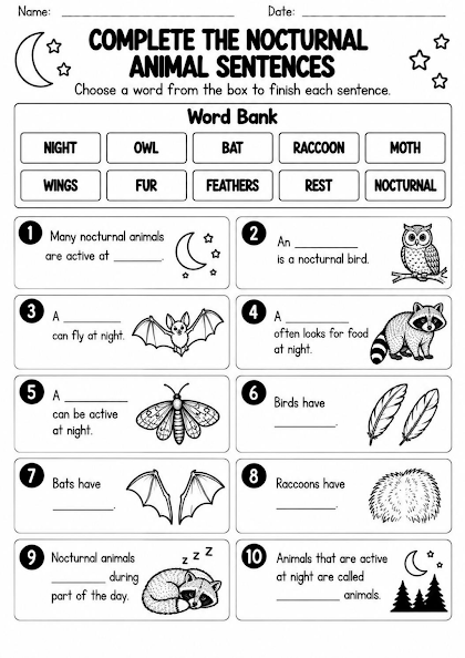 Nocturnal Animal Sentence Completion Worksheet
