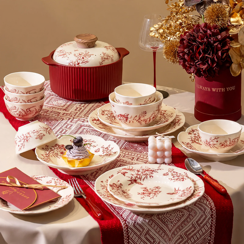 Ceramic dinnerware set, red, floral pattern