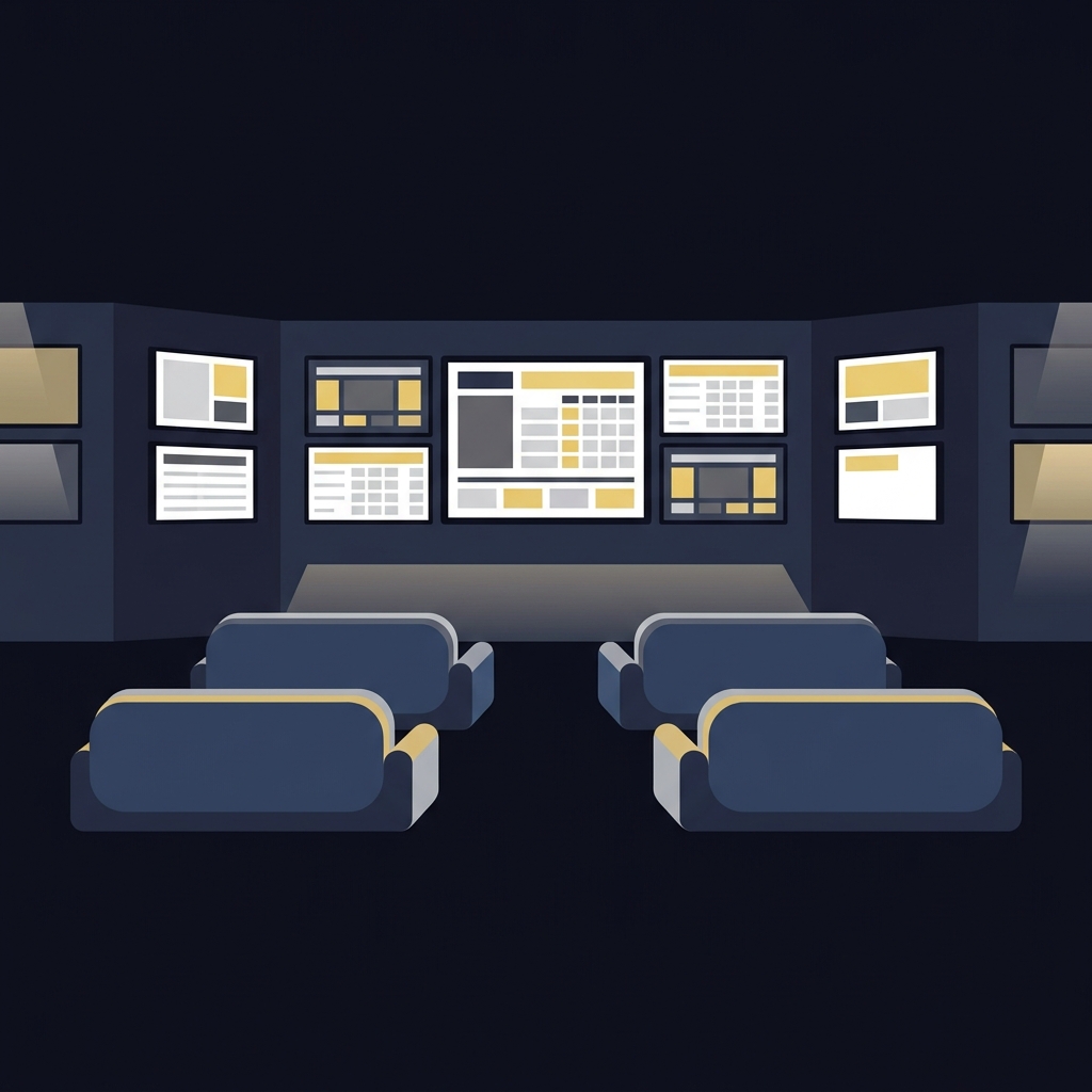 Minimalist 2D vector interior of a casino sportsbook with bank of monitors and tiered seating in Funded Plays colors showing a venue suitable for mi sports betting on premises viewing