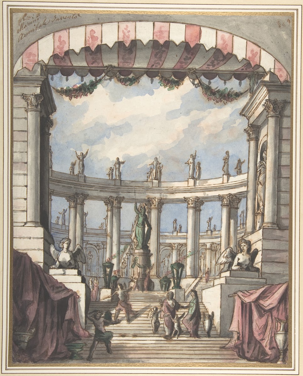 Design For A Stage Set A Classical Courtyard And Colonnade With A Statue Of Mine