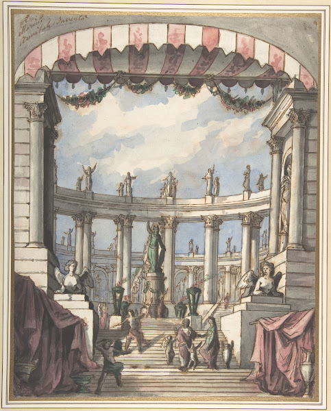 Design For A Stage Set A Classical Courtyard And Colonnade With A Statue Of Mine