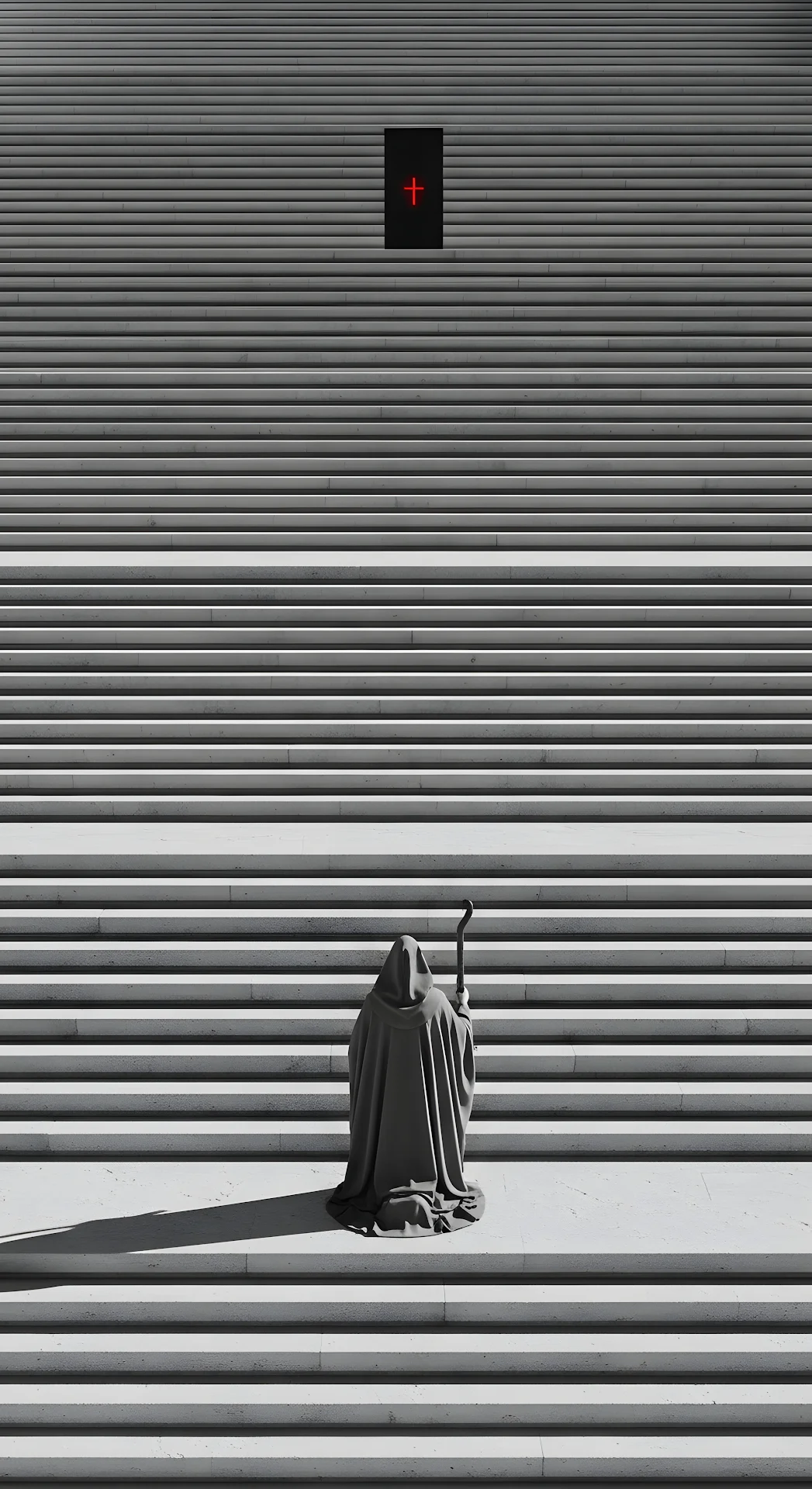 Monochromatic View of Cloaked Figure Kneeling on Endless Steps Toward Dark Gateway - Free 4K mobile Wallpaper