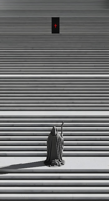 Monochromatic View of Cloaked Figure Kneeling on Endless Steps Toward Dark Gateway - Free mobile Wallpaper