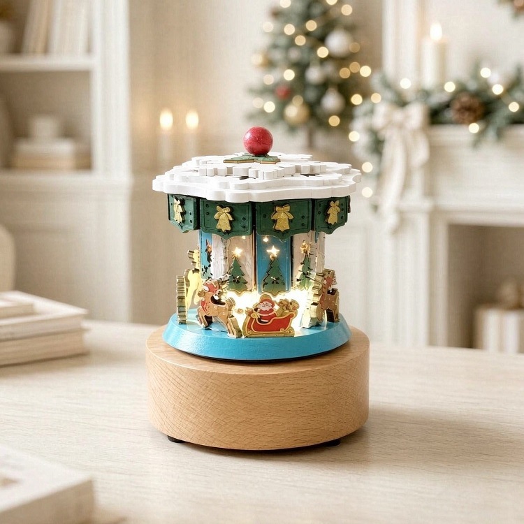 Wooden music box with lighting and winding mechanism