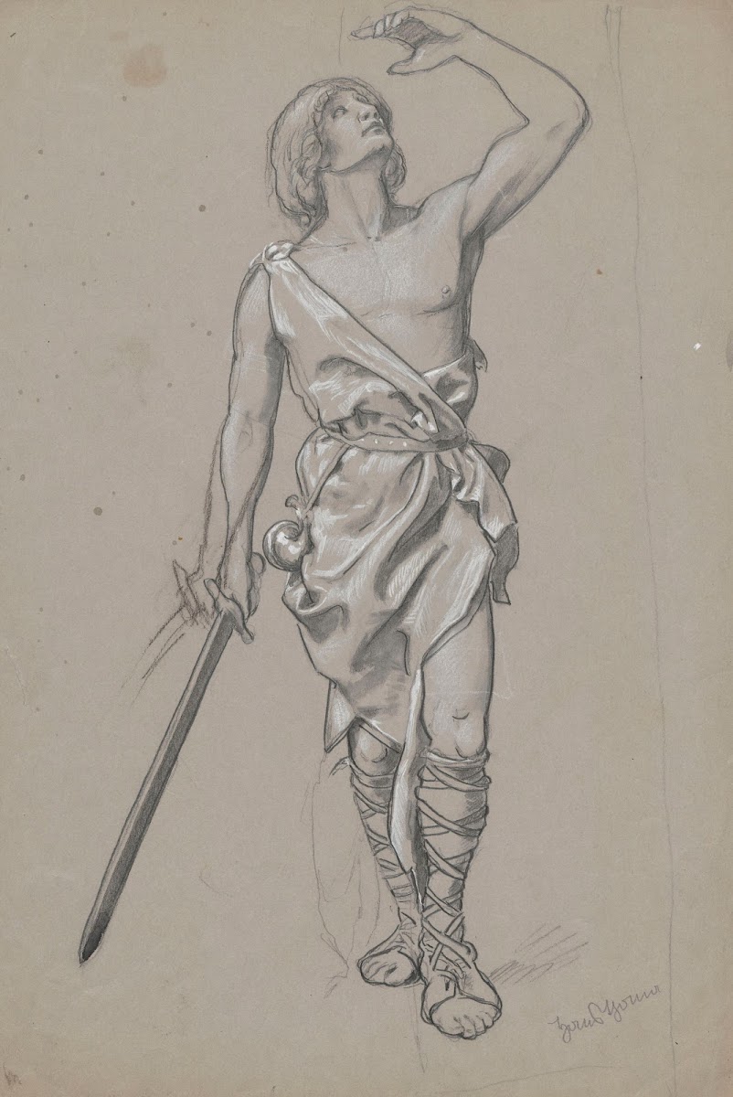 Man in a robe with uncovered torso hunting horn by his side and a sword in his r
