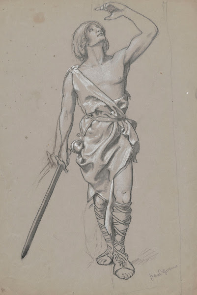 Man in a robe with uncovered torso hunting horn by his side and a sword in his r