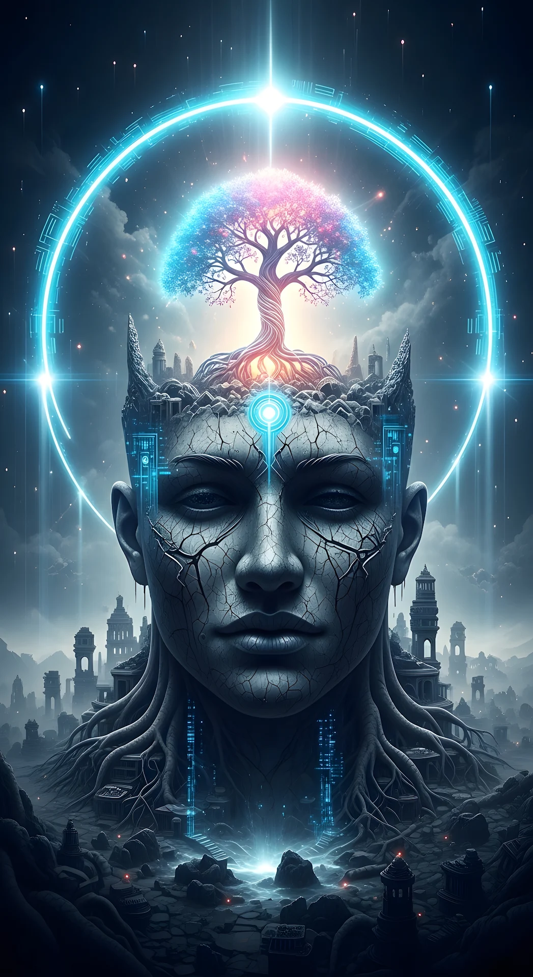 Digital Shaman with Tree of Life and Neon Halo - Free 4K mobile Wallpaper
