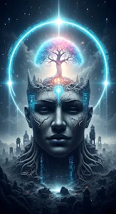 Digital Shaman with Tree of Life and Neon Halo