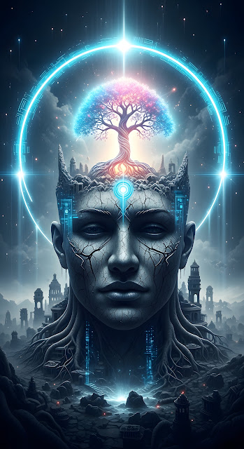 Digital Shaman with Tree of Life and Neon Halo - Free mobile Wallpaper
