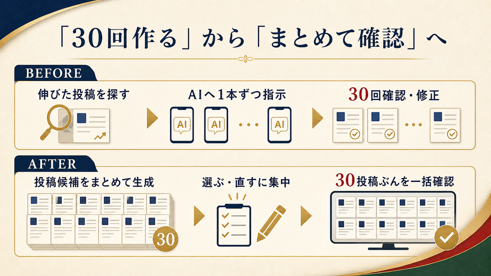 伸びた投稿を探してAIへ1本ずつ指示する30回の作業から、投稿候補をまとめて生成して一括確認する作業への変化