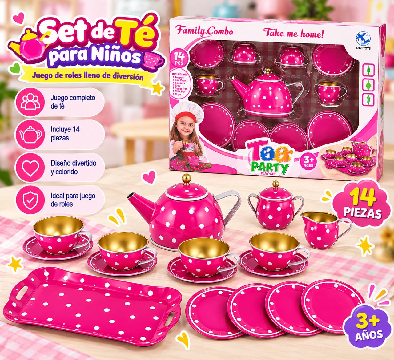 Juego de té de juguete Tea Party 14 piezas rosa