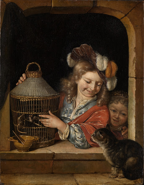 Children with birdcage and cat 1675 1679