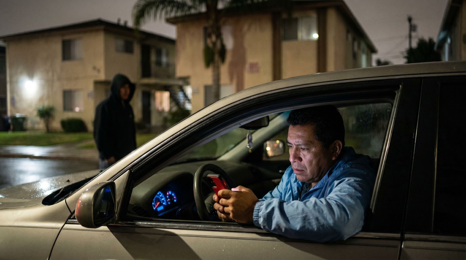 Hombre latino revisa un rideshare antes de conducir para evitar problemas con su seguro auto viaje 4 julio Florida