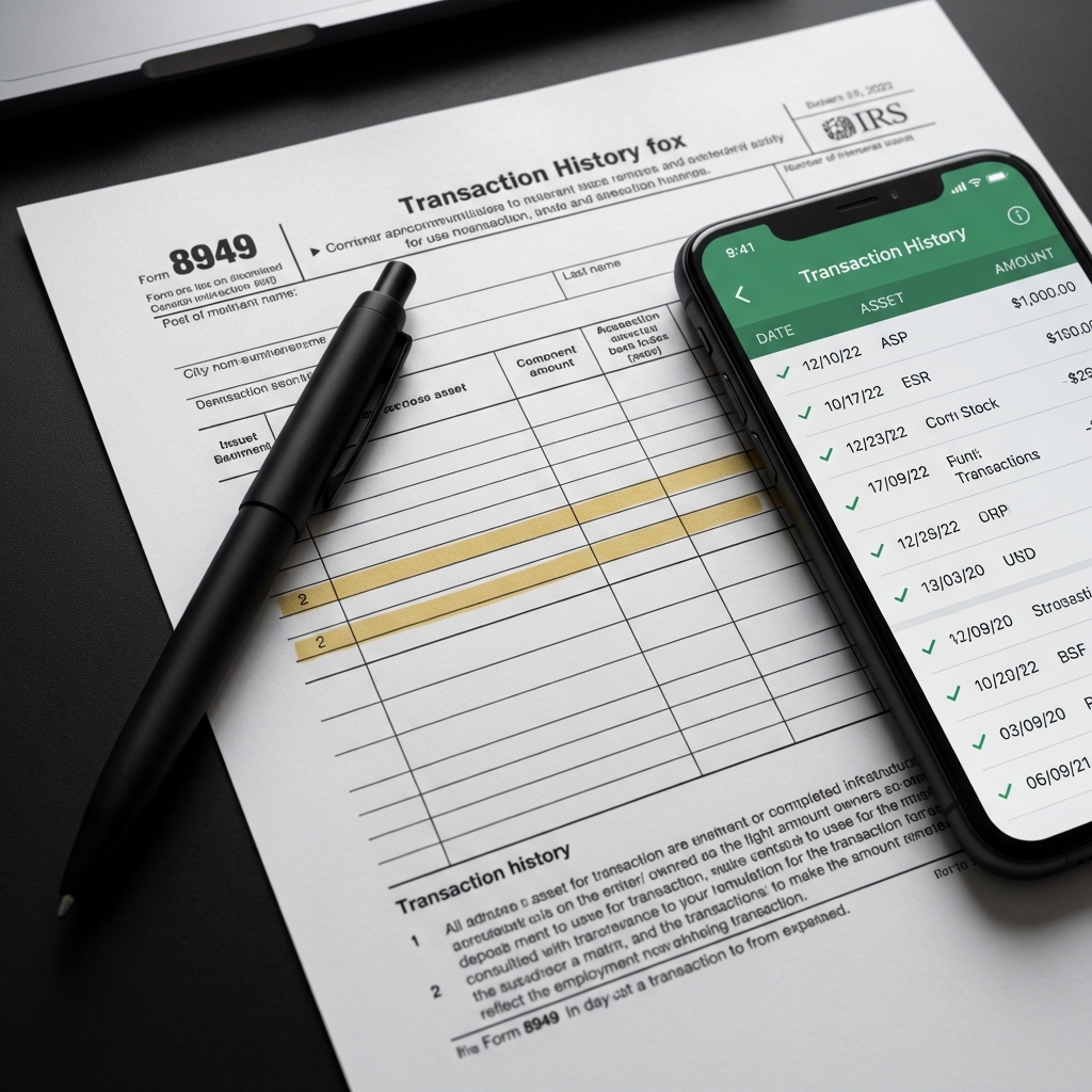 Close up of printed Form 8949 with highlighted rows next to a pen and smartphone displaying transaction history representing best place to buy crypto