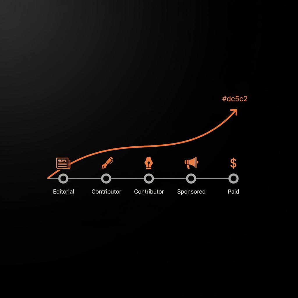 Minimal full-frame infographic timeline with four Forbes routes and an ascending cost curve illustrating relative cost to appear on Forbes.
