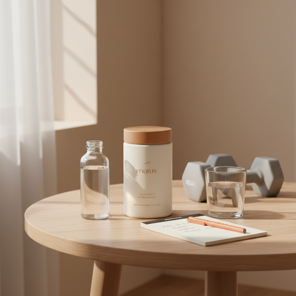 Minimalist morning routine with Tonum Motus jar and low-calorie liquid collagen for weight loss bottle on a beige table beside a glass of water, notepad and light dumbbells