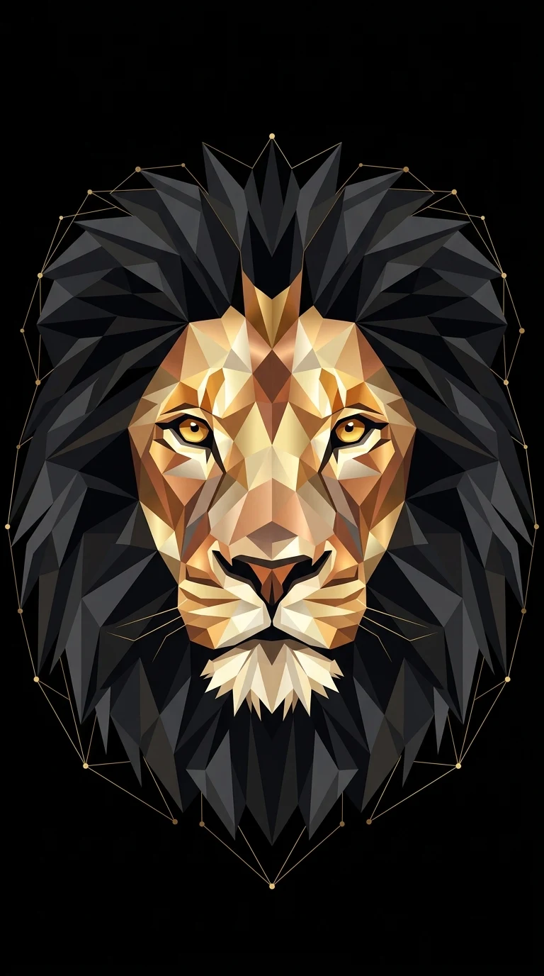 Abstract Symmetrical Low-Poly Lion Head Graphic on Black - Free 4K mobile Wallpaper