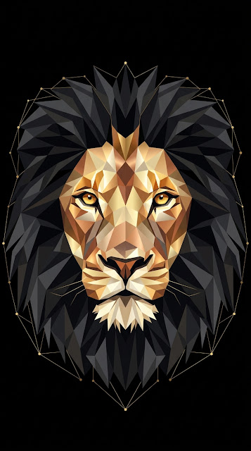 Abstract Symmetrical Low-Poly Lion Head Graphic on Black - Free mobile Wallpaper