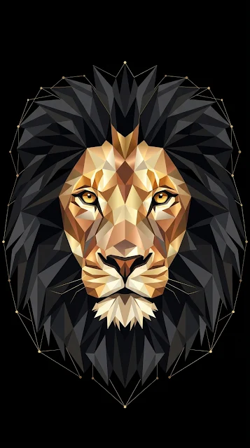Abstract Symmetrical Low-Poly Lion Head Graphic on Black