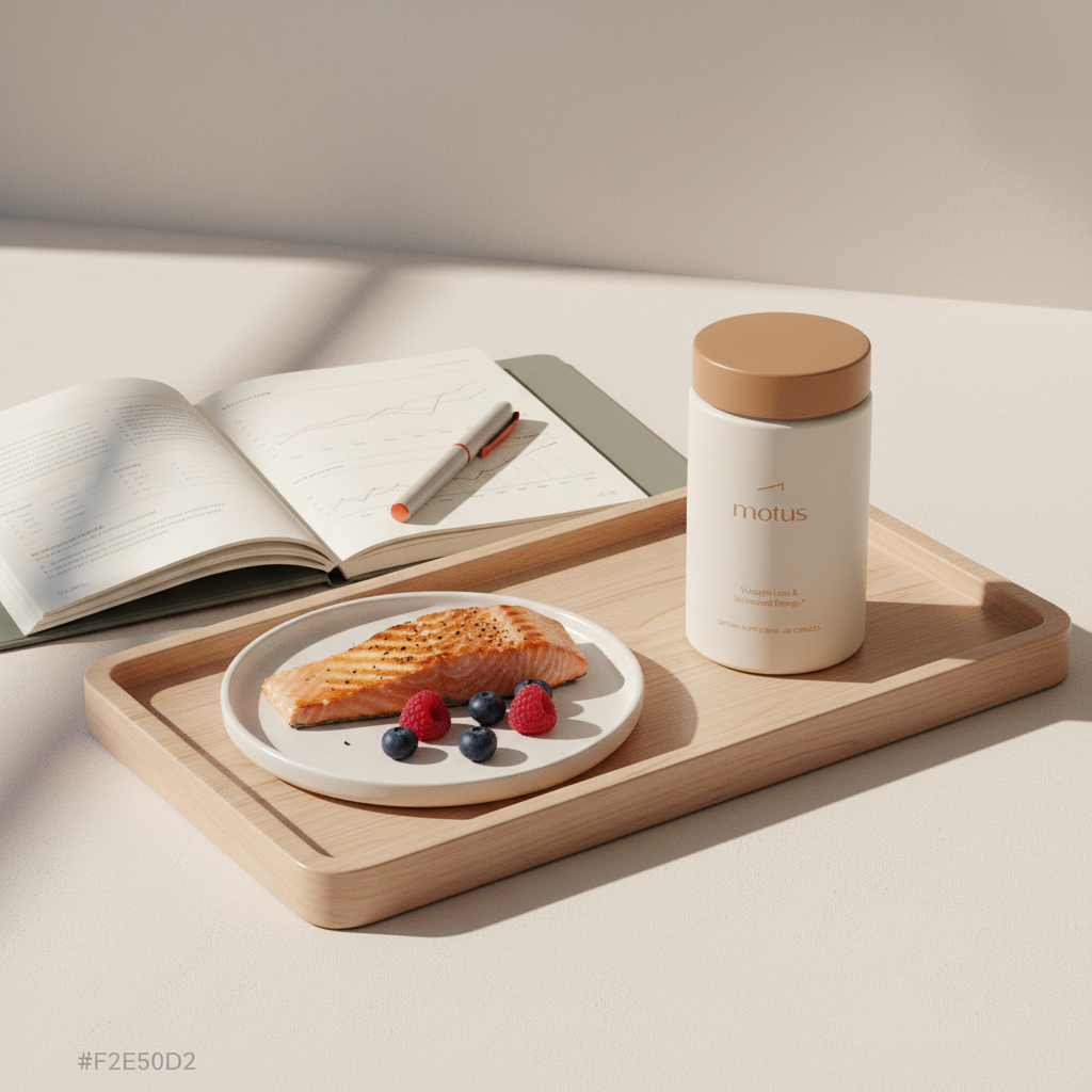 Motus supplement bottle on a pale wooden tray with open notebook and a small plate of salmon and berries in a minimalist Tonum scene — does protein reduce belly fat
