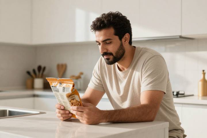رجل يقرأ الملصق الغذائي للمنتجات في المطبخ