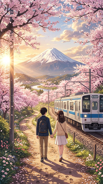Anime Style Illustration of a Couple Holding Hands by a Train and Cherry Blossoms - Free mobile Wallpaper