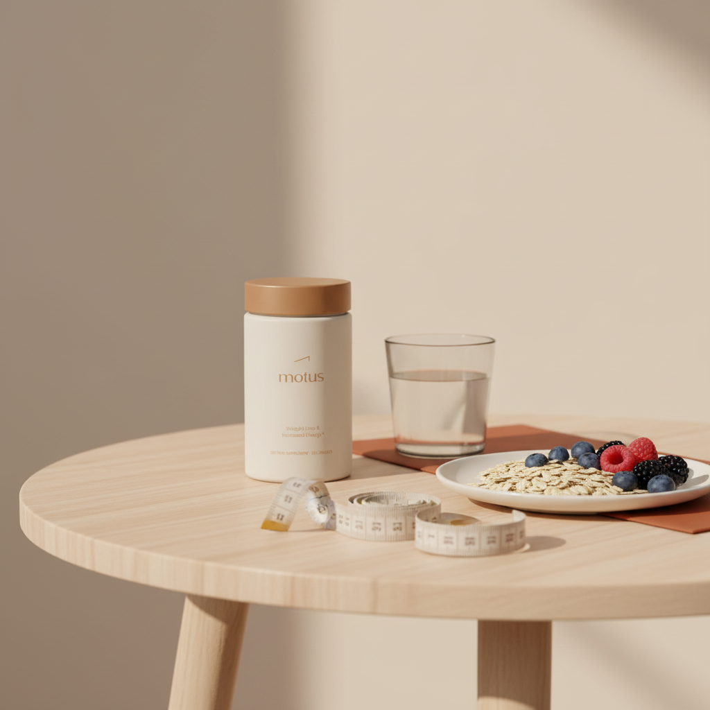 Bright, minimalist photo of the Motus supplement jar on a wooden table with measuring tape, oats, berries and a glass of water — can probiotics help you lose weight?
