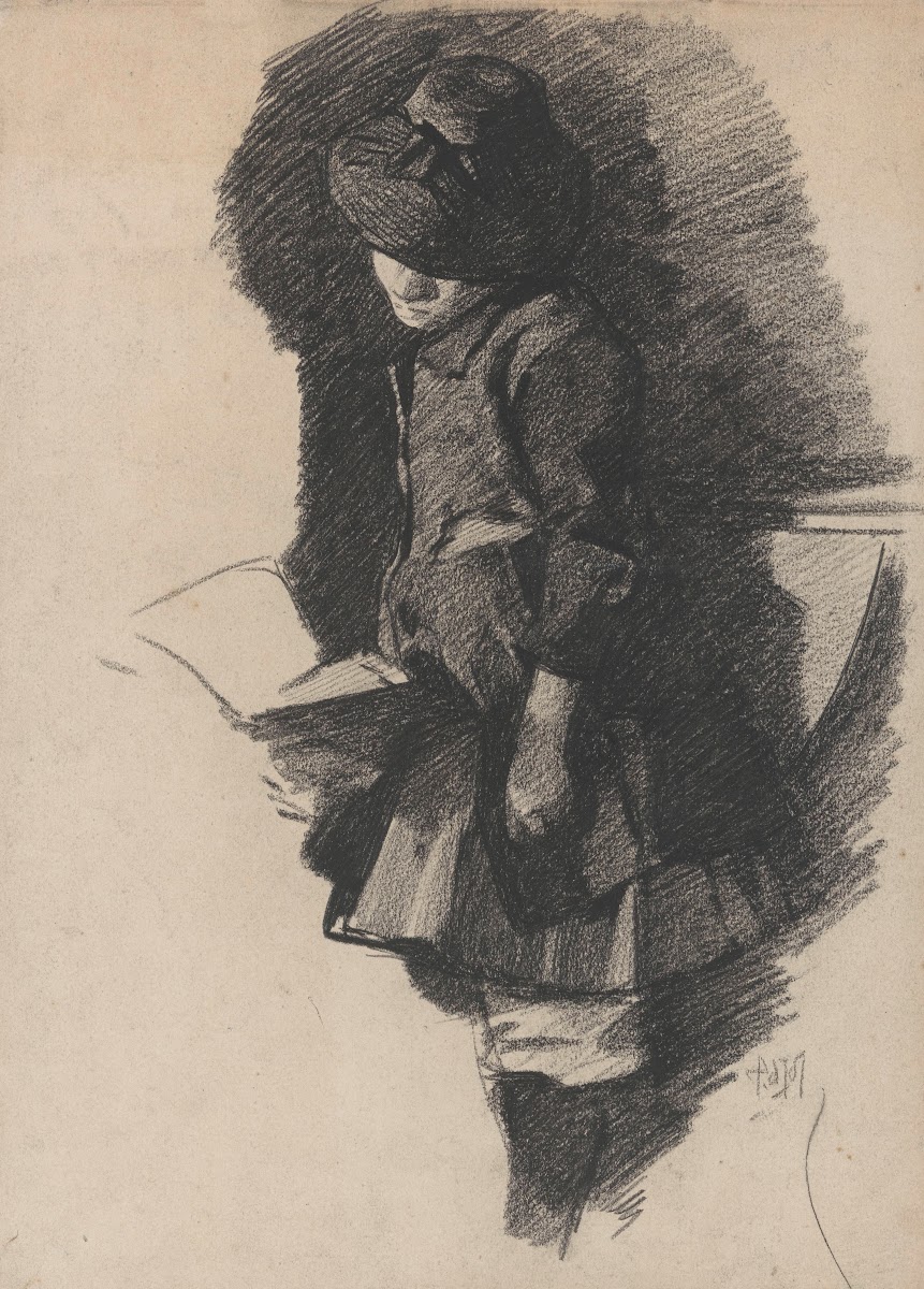 Staand meisje met hoed kijkend in een boek 19th century