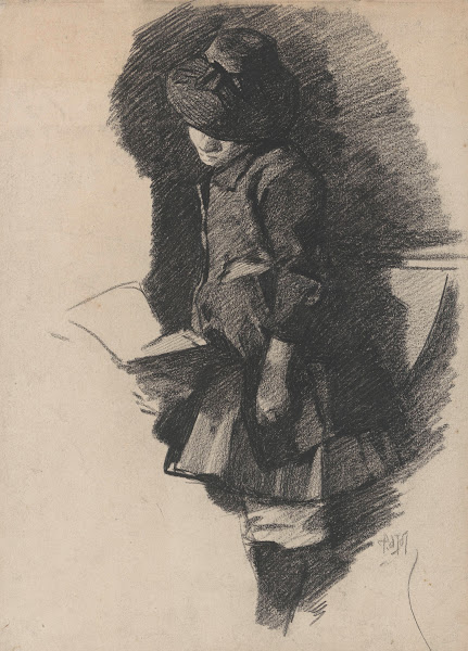 Staand meisje met hoed kijkend in een boek 19th century