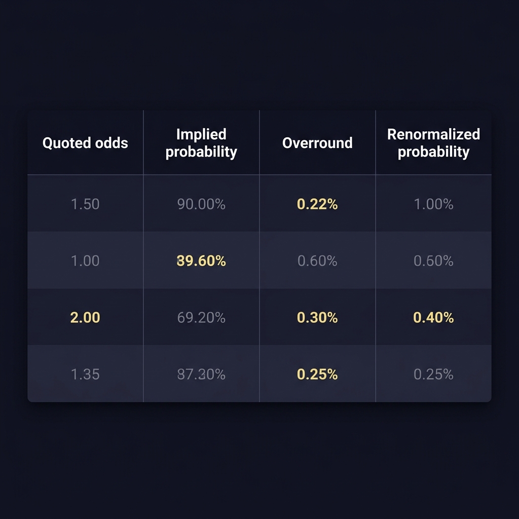 Minimalist spreadsheet style table showing no vig odds with columns for quoted odds implied probability overround and renormalized probability in Funded Plays dark palette
