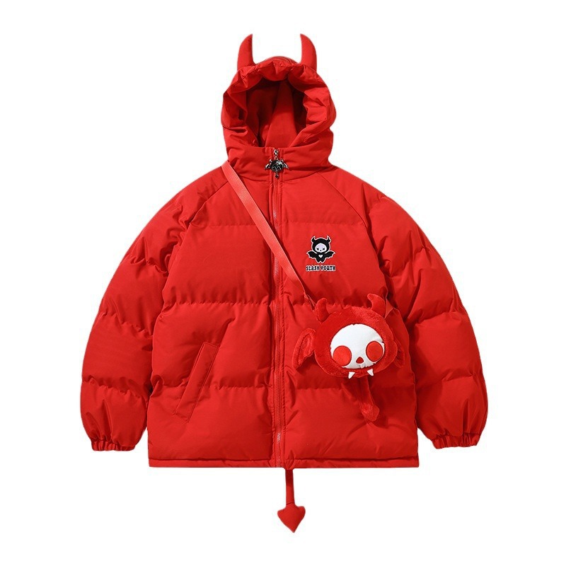 Oversized women's quilted jacket with hood and cartoon motif