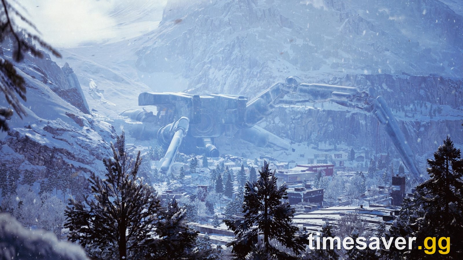 A snow-covered settlement in ARC Raiders' Frozen Trail expansion, with a towering ARC machine looming over the valley