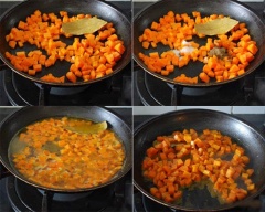 Cà rốt gọt vỏ, thái nhỏ hạt lựu. Đun chảy 1 muỗng canh bơ, cho cà rốt vào đảo đều. Thêm vào lá nguyệt quế, 1/2 muỗng cà phê muối và 1 muỗng cà phê tiêu. Đảo đều rồi thêm 180ml nước lọc, đun khoảng 3-4 phút với lửa to vừa.