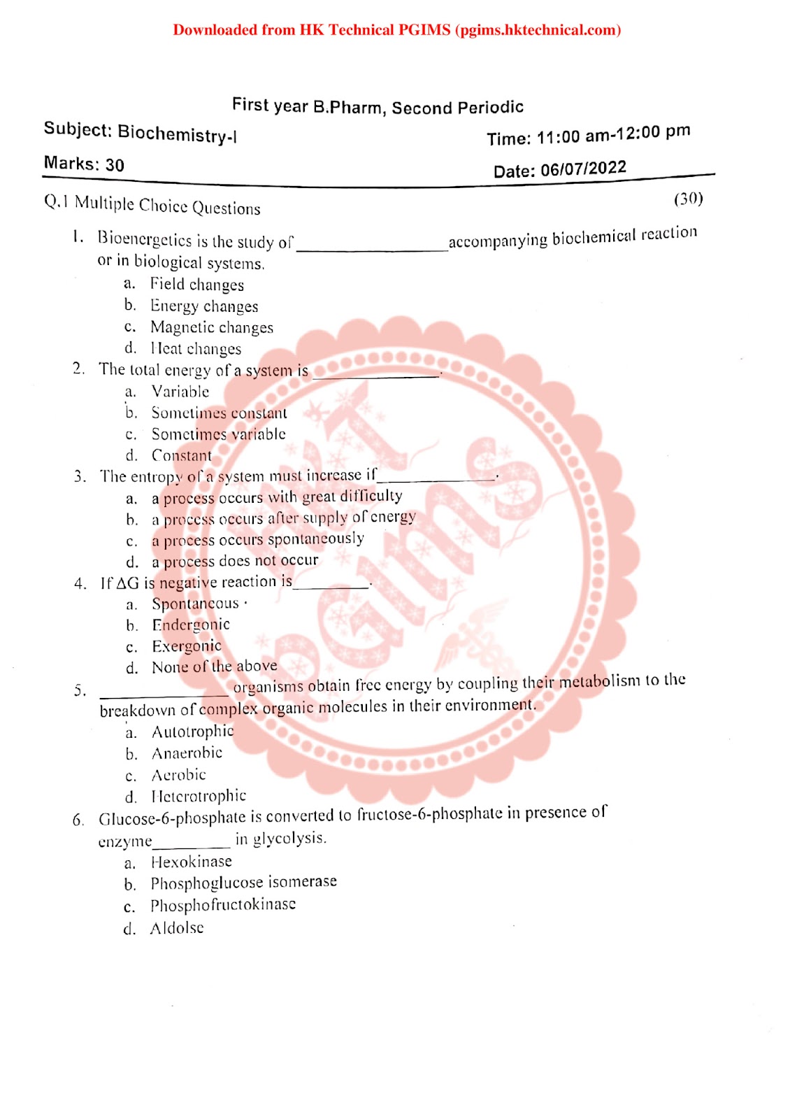 2nd sissonal Biochemistry S.P.B.C.COP 2nd Semester B.Pharmacy Previous Year's Question Paper,BP203T Biochemistry,BPharmacy,Previous Year's Question Papers,BPharm 2nd Semester,Sharada kadu - S.P.B.C.COP,