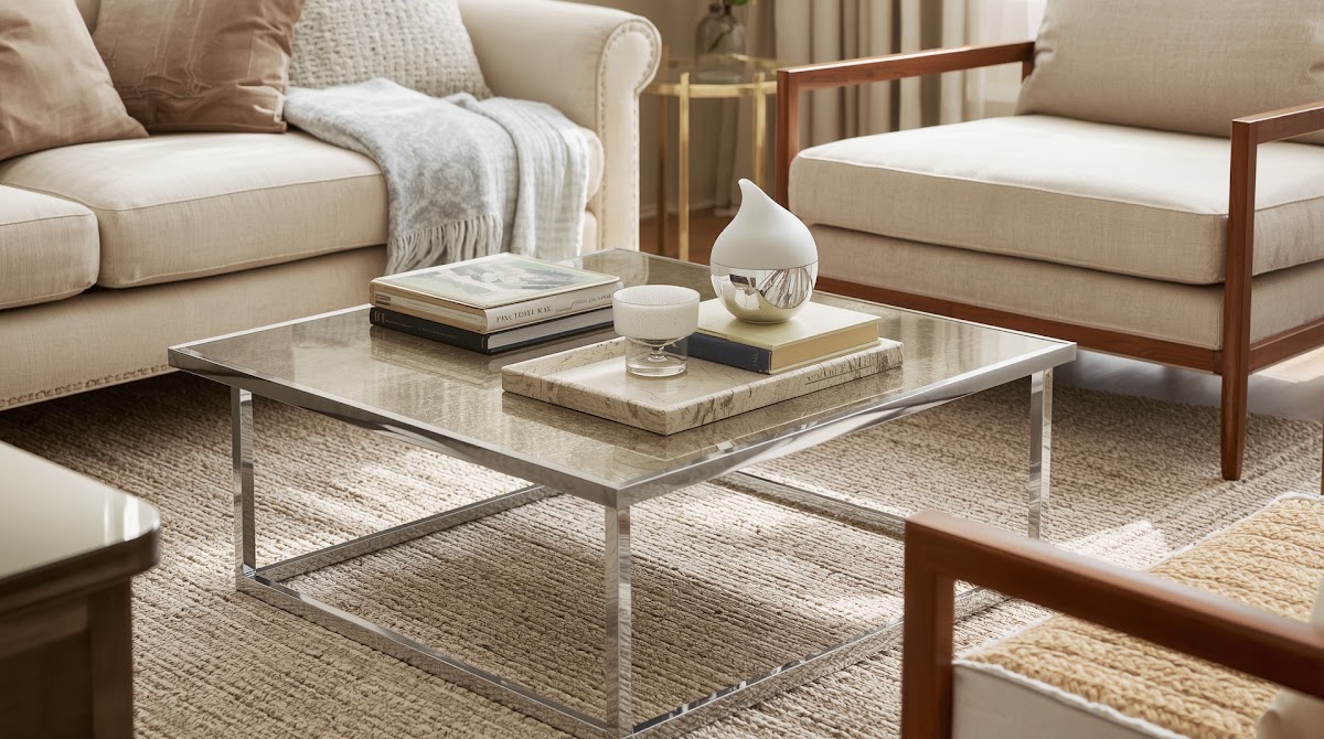 How to Style a Chrome Coffee Table Without Making Your Room Feel Cold - chrome wood textile and neutral color palette mood board