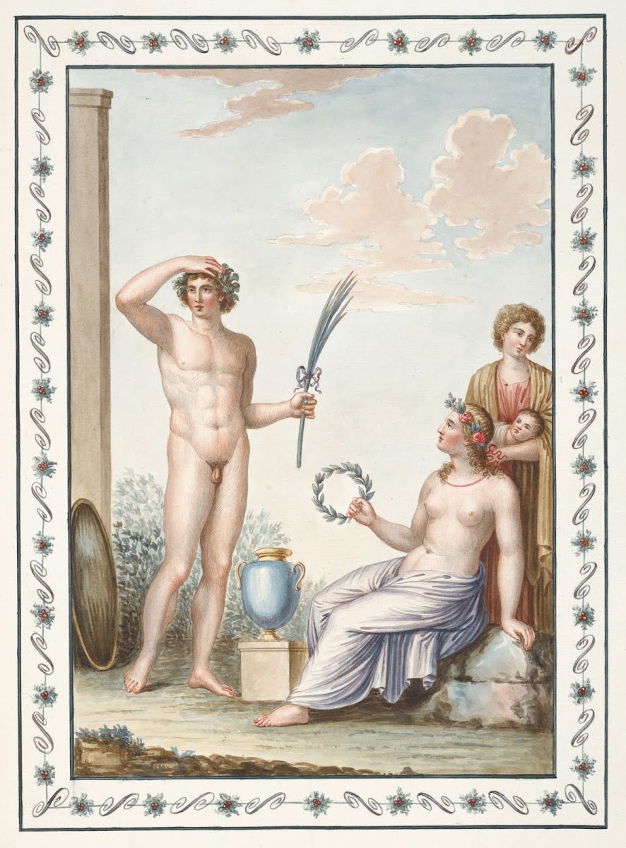 Nude youth holding palm branch partially nude woman holding wreath 1783