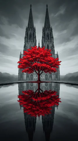 Contrasting Red Tree Gothic Cathedral