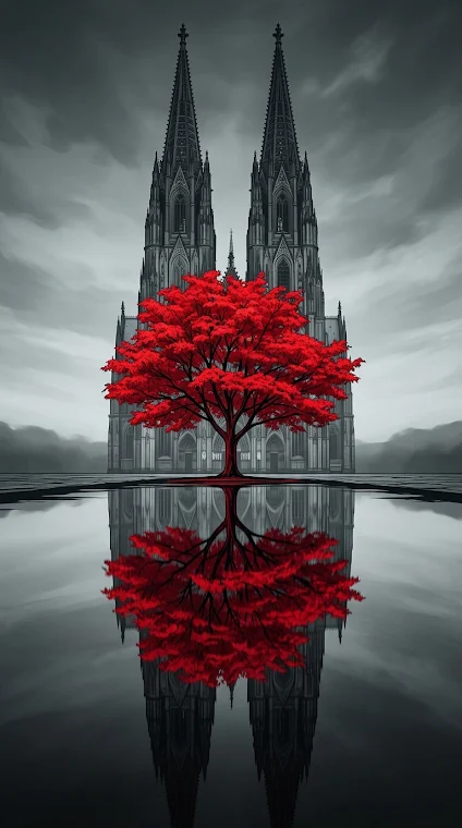 Contrasting Red Tree Gothic Cathedral