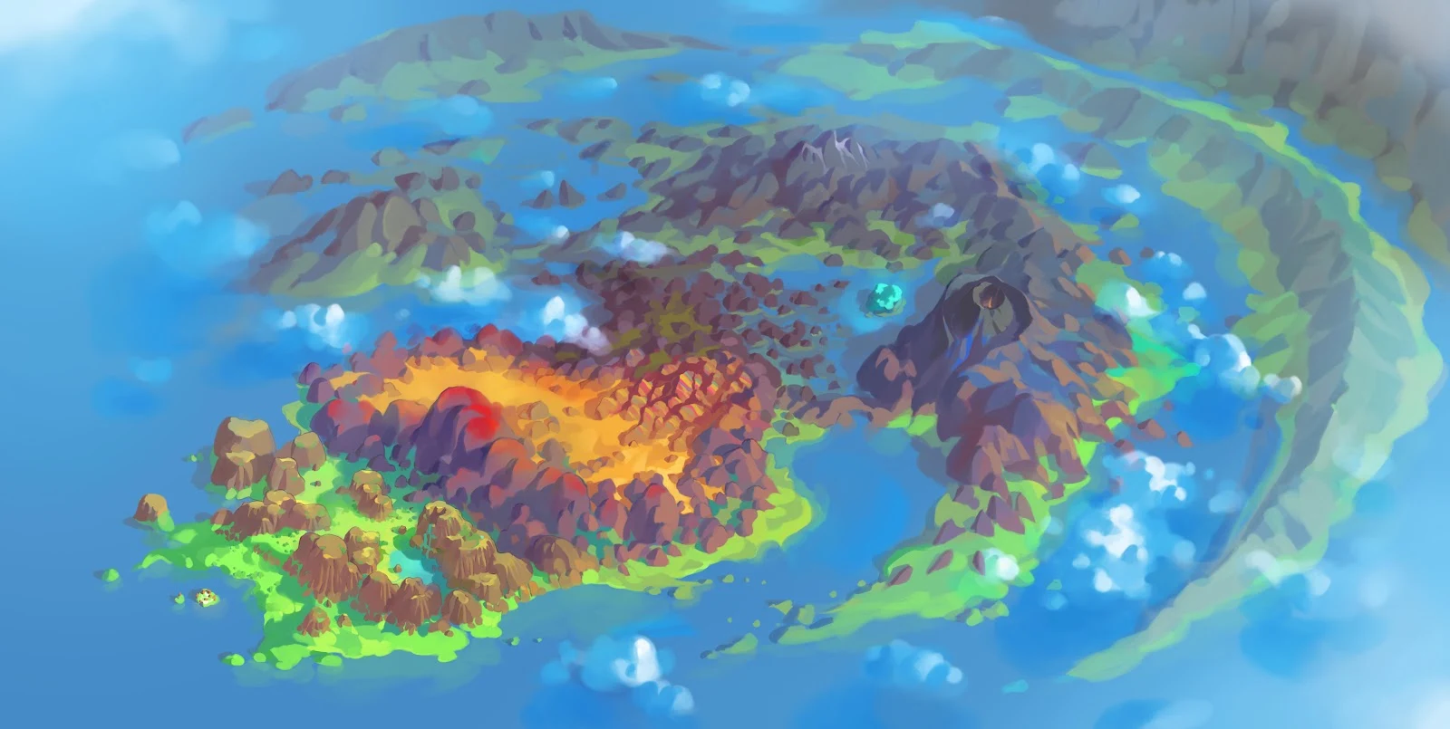 Colorful Fantasy Island Aerial View - Digital Painting 8K Wallpaper (9171x4615)