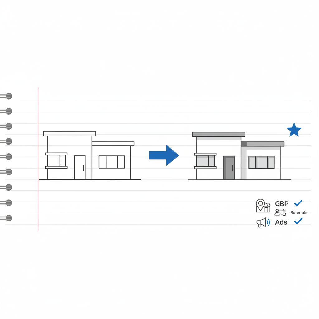 Vector notebook-style sketch of before-and-after house elevations with an accent arrow, a review star, and a checklist of local tactics to get leads for a painting company.