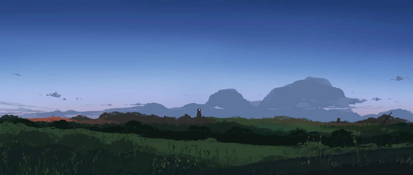 Green Hills Under Dusk Sky - Digital Painting 4K Wallpaper (5640x2400)