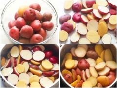 Bật trước lò nướng ở nhiệt độ 425 độ F. Khoai tây rửa sạch, cắt đôi. Cho khoai tây vào nồi cùng khoảng 1/2 muỗng cà phê muối, đổ nước vào rồi luộc khoai trong 6-7 phút. Trước khi khoai chín, bạn trút nước luộc khoai ra tô rồi đun khô khoai trong 1 phút.