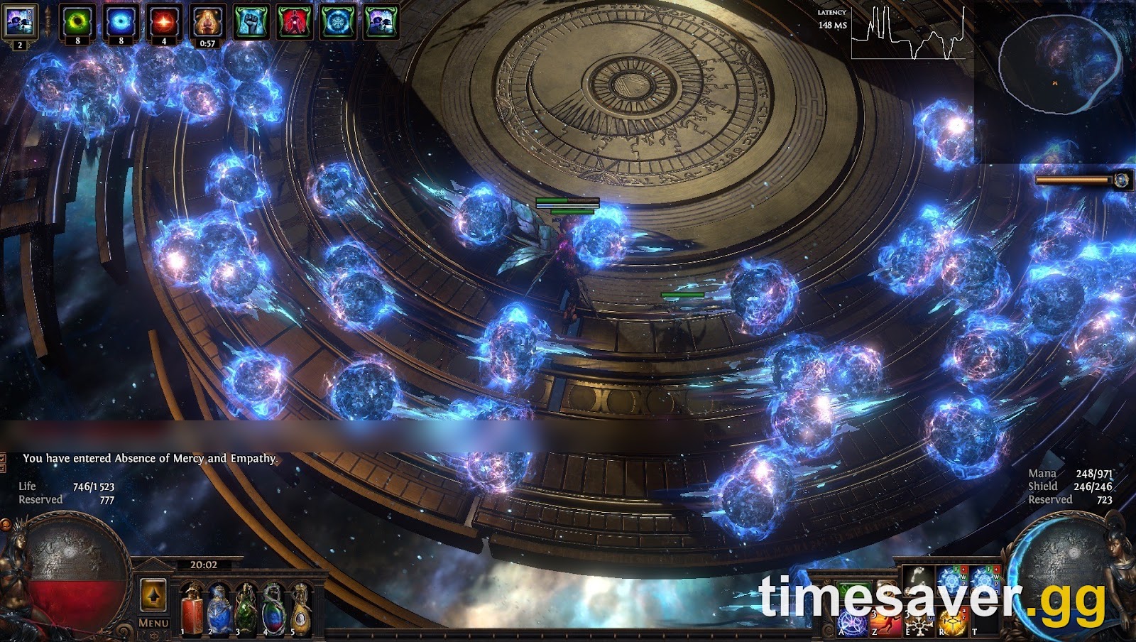 A Path of Exile Uber pinnacle-boss arena packed with glowing blue projectile orbs around the player