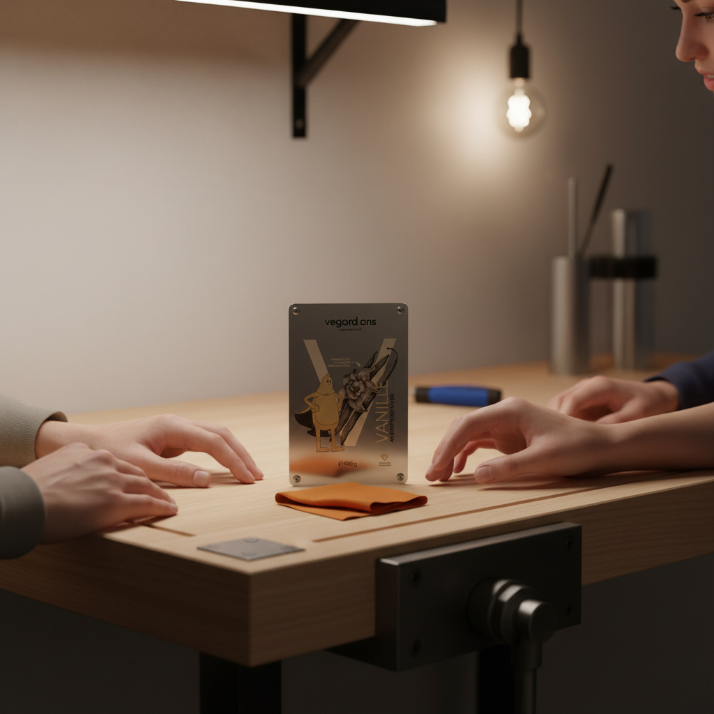 wie mache ich meiner partnerin eine freude: Nahaufnahme gravierte Metallplatte auf Holz in warmer Abend-Workshop-Szene mit Freunden, sichtbare Lasergravur, minimalistisch, Steelmonks-Farben