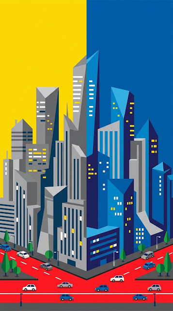 Stylized Urban Skyline with High Contrast Yellow and Blue Sky - Free mobile Wallpaper