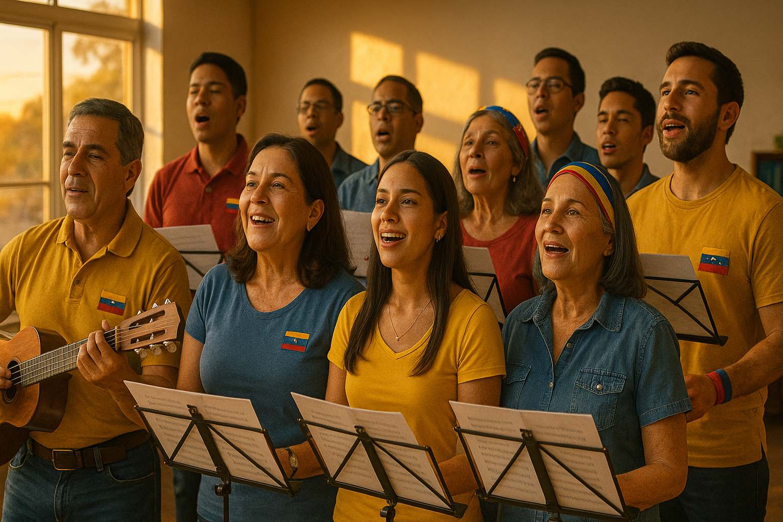 Venezolanos ensayando en un coro comunitario con un cuatro